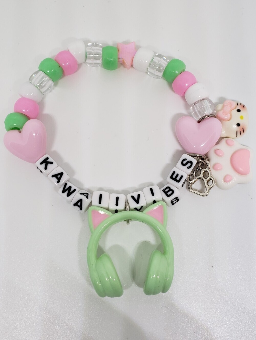 Handmade Kitten Paw Pastel Pink Green Kawaii Vibes Kandi Bracelet